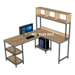 Bàn góc L liền kệ sách 160x140x158cm gỗ cao su khung sắt KZ29