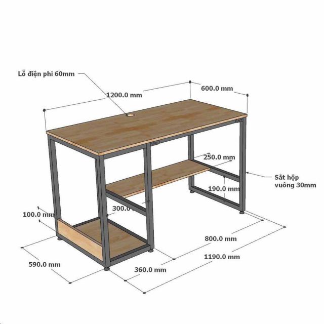 Bàn làm việc có ngăn kệ để CPU 120x60cm gỗ cao su COD68066-6