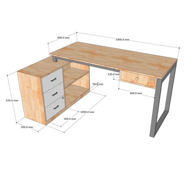 Bàn làm việc gác tủ 140x100cm gỗ cao su HBRT130-3