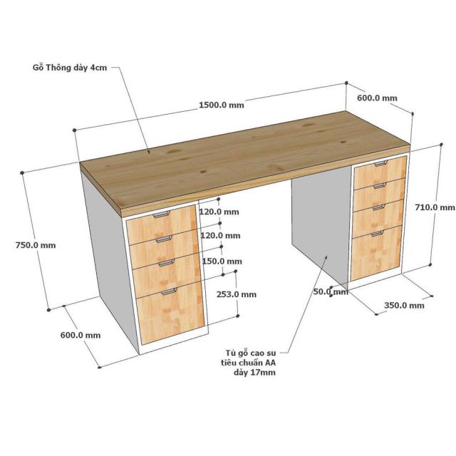 Bàn làm việc gác tủ 150x60cm gỗ tự nhiên BD68178-2