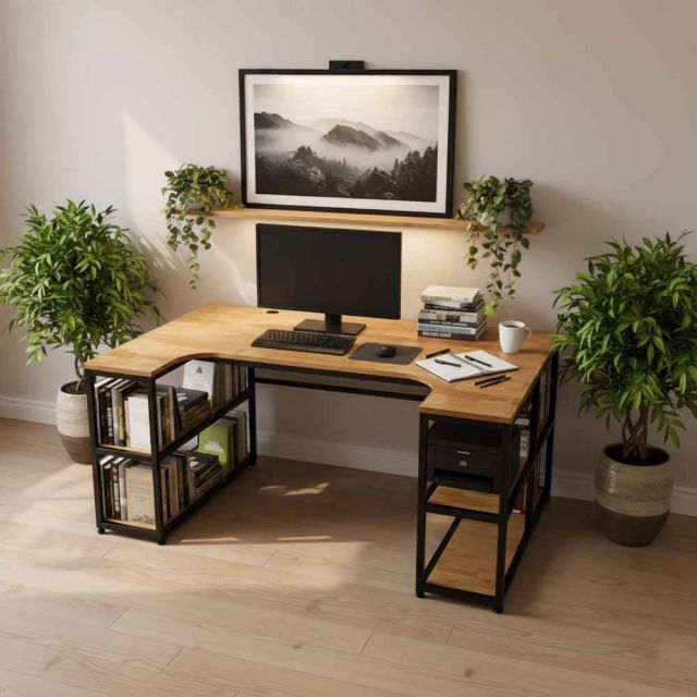 Bàn làm việc kết hợp 2 kệ sách 160x100cm gỗ cao su BD68167-