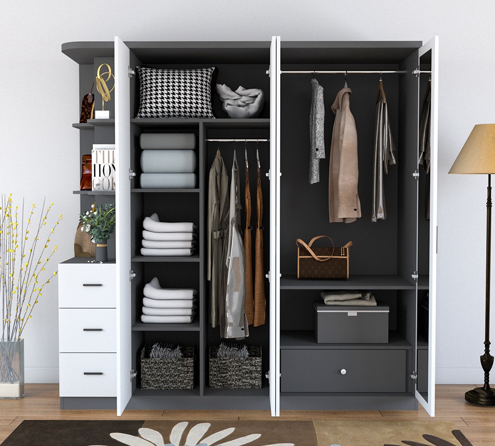 ✨ TỦ QUẦN ÁO GỖ MDF 4 CÁNH MỞ KẾT HỢP KỆ GÓC TRANG TRÍ A13 ✨-