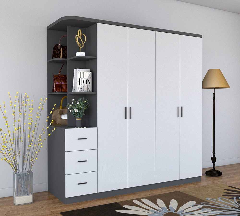 ✨ TỦ QUẦN ÁO GỖ MDF 4 CÁNH MỞ KẾT HỢP KỆ GÓC TRANG TRÍ A13 ✨