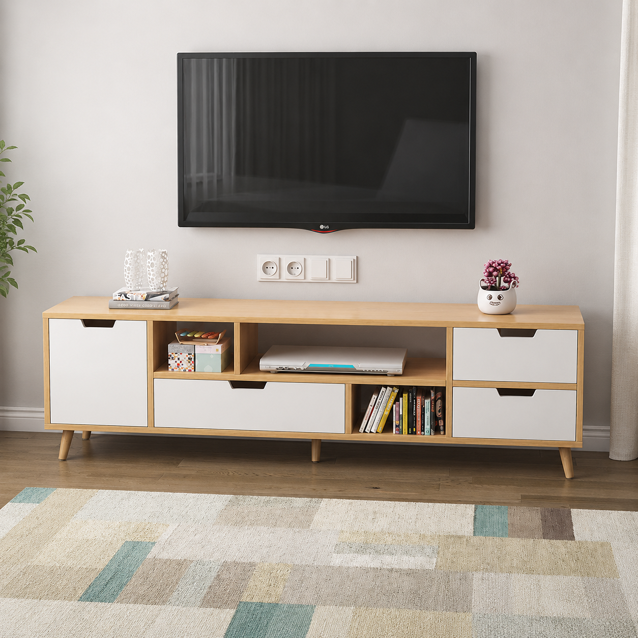 Kệ Tivi Gỗ MDF Nhiều Ngăn Có Chân Gỗ Hiện Đại TKTV23